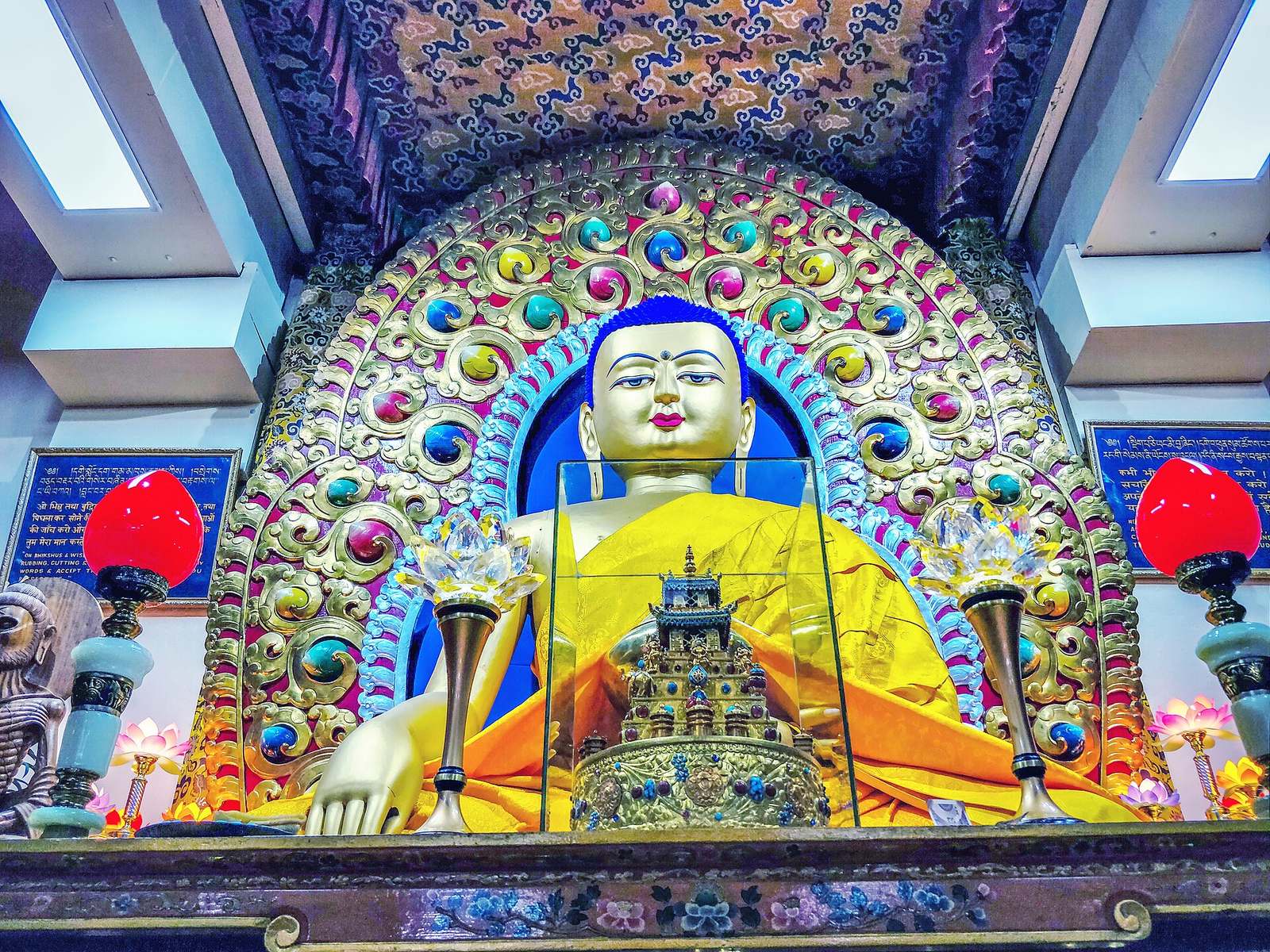 Golden Shakyamuni Buddha statue inside the Tsuglagkhang (Dalai Lama Temple) in McLeod Ganj, Dharamshala