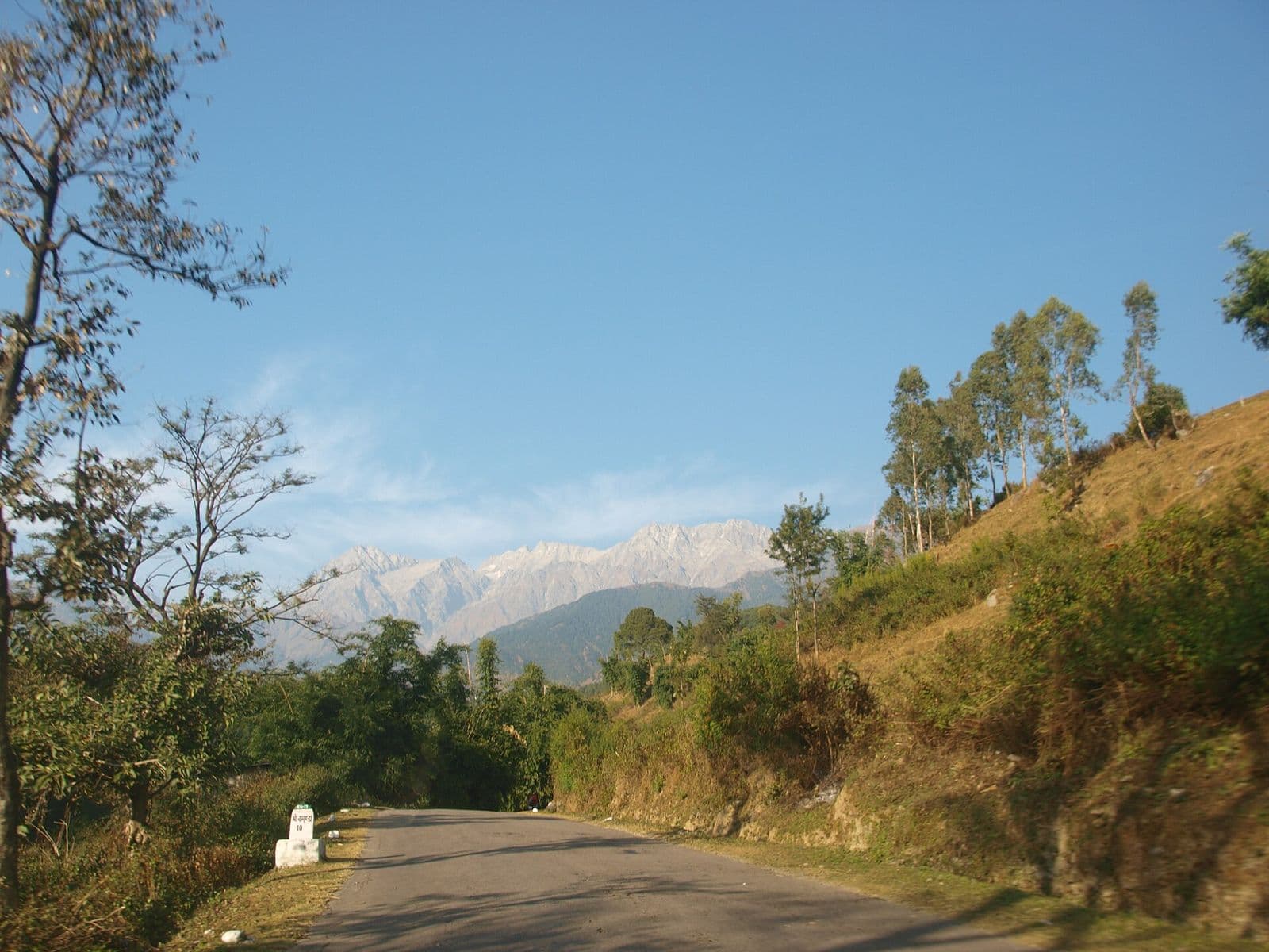Hill road near Chamunda on the way to Dharamshala with the Dhauladhar range in the distance