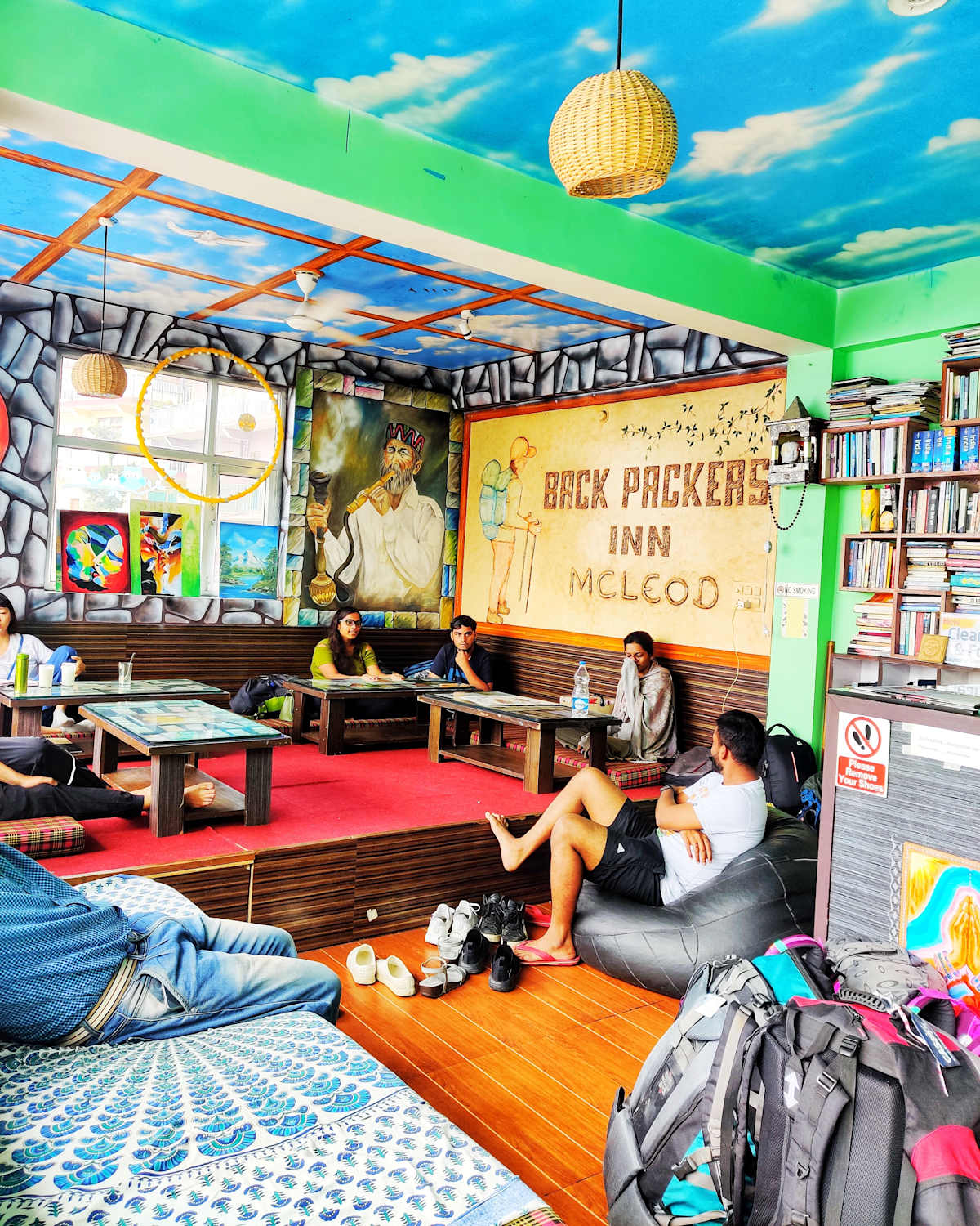 Painted cafe and lounge at Backpackers Inn, McLeod Ganj