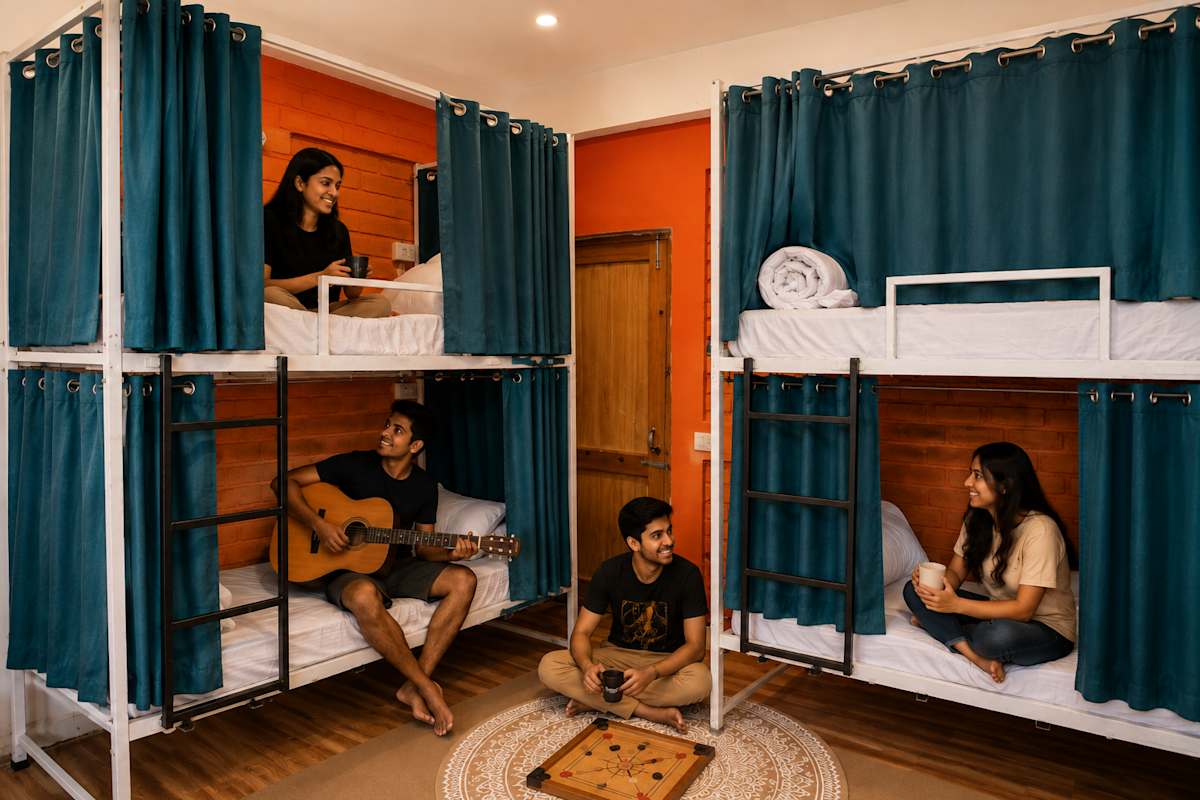 Bunk-bed dorm room at Loopin McLeodganj, Upper Bhagsunag