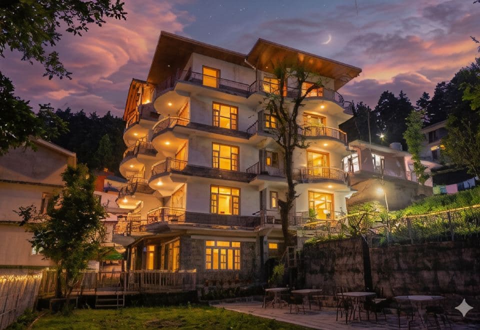 The Lodge Dharamkot lit up at dusk with the garden seating area in front