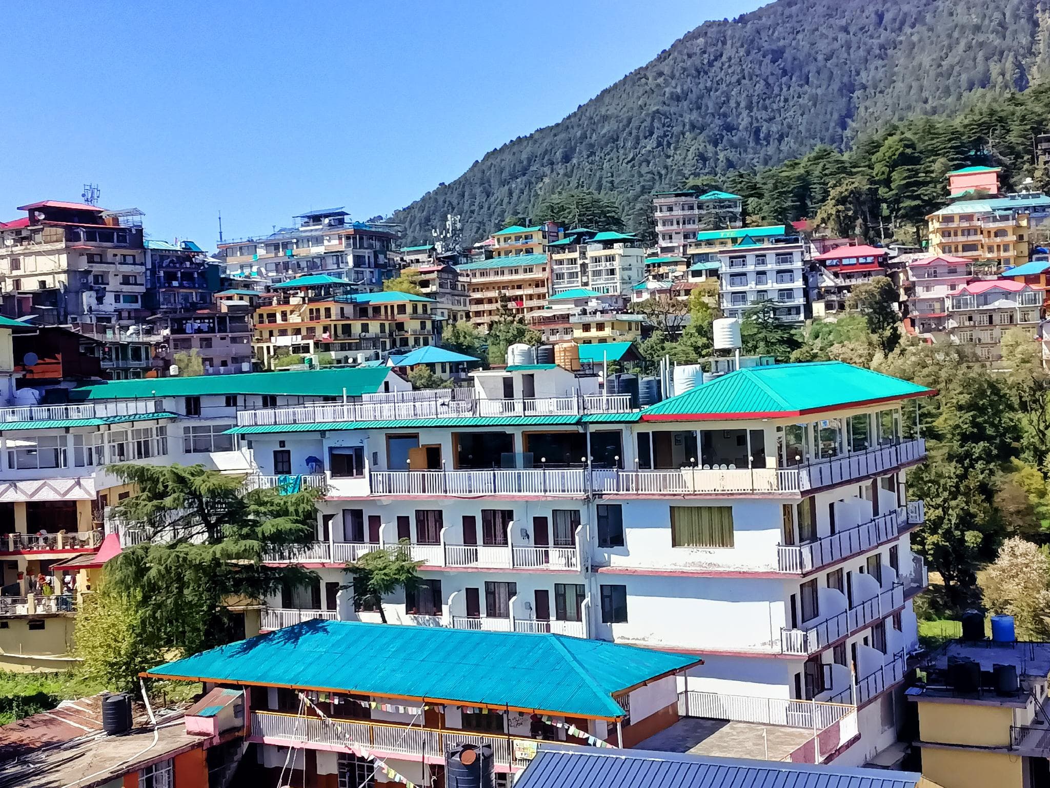 Hotel Mount View, a white building with turquoise roofs below the wooded hillside, Jogiwara Road, McLeod Ganj