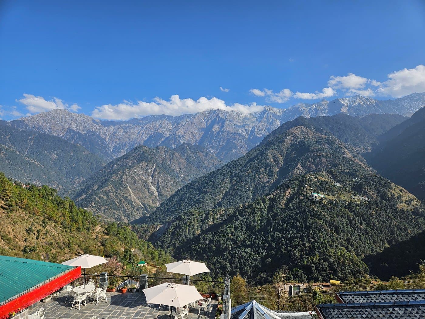 Dhauladhar range seen from the terrace at Udechee Huts, Naddi