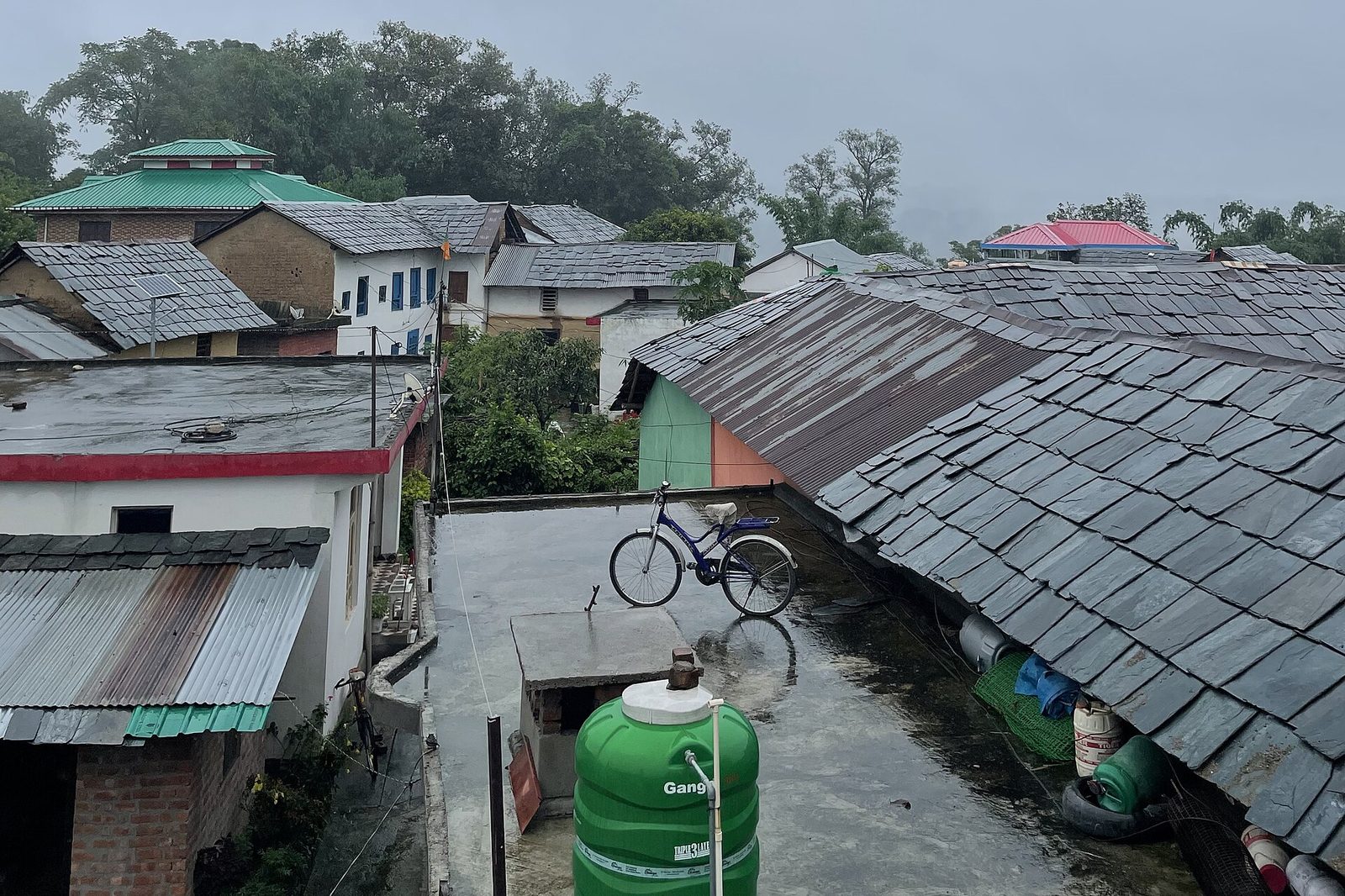 Rows of overlapping grey slate roofs on village houses in Naura, Kangra district, on a monsoon day