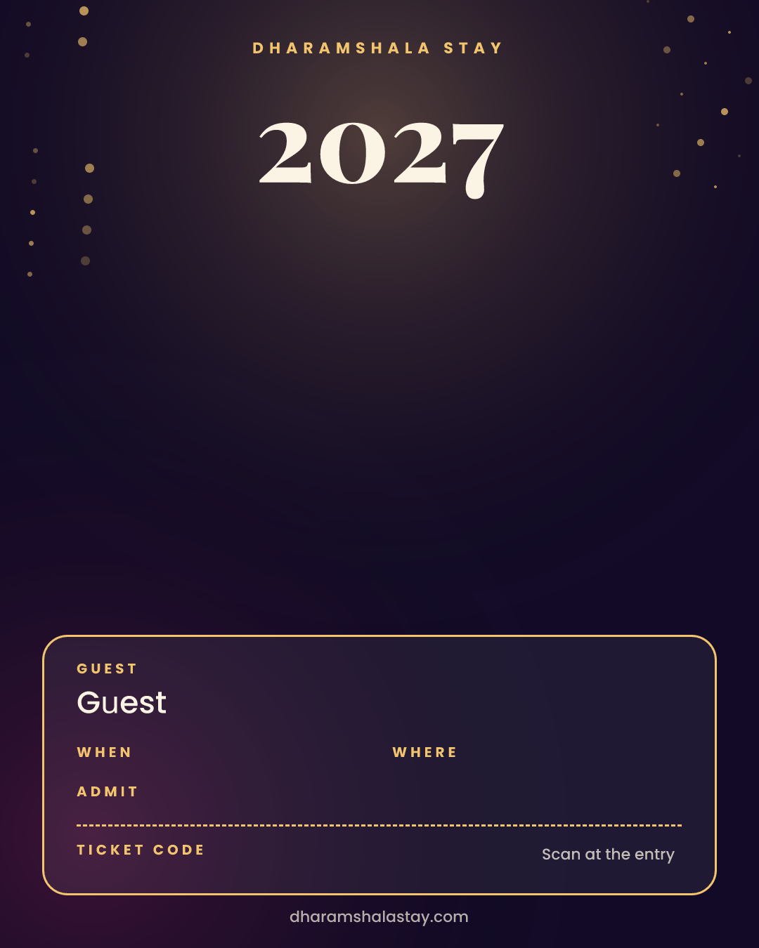 Sample NYE Gala Night ticket: guest name, date, venue, tickets, payment status, ticket code and QR code